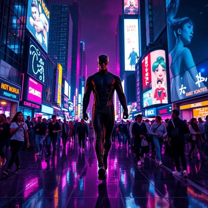 La Panthère Noire occupe le devant de la scène dans le cœur vibrant de New York, Times Square. Ce super-héros emblématique, connu pour son agilité et son habileté stratégique, est capturé dans une pose dynamique qui reflète son style de vie de vigilante urbaine. Les lumières néon de Times Square offrent un arrière-plan époustouflant, mêlant le monde high-tech des super-héros à l'énergie animée de la ville.