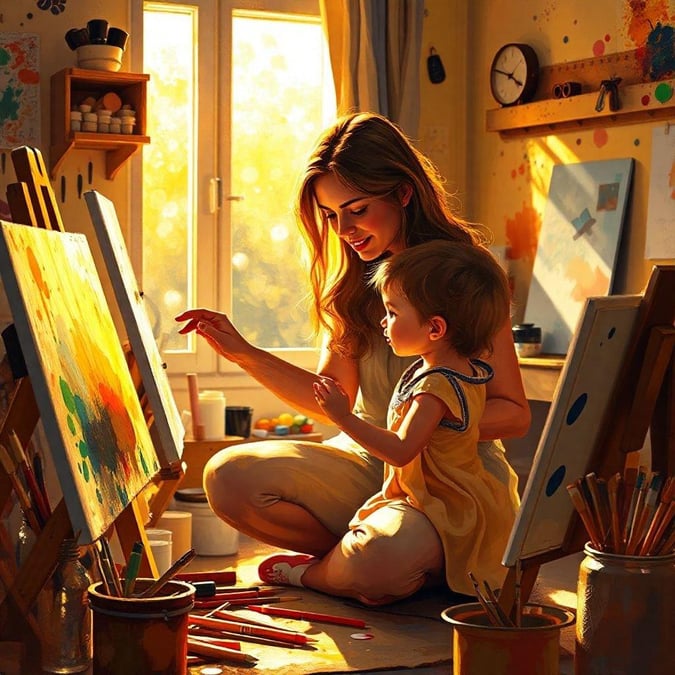 A beautiful, heartwarming scene of mother and daughter creating art together in a sunlit studio.