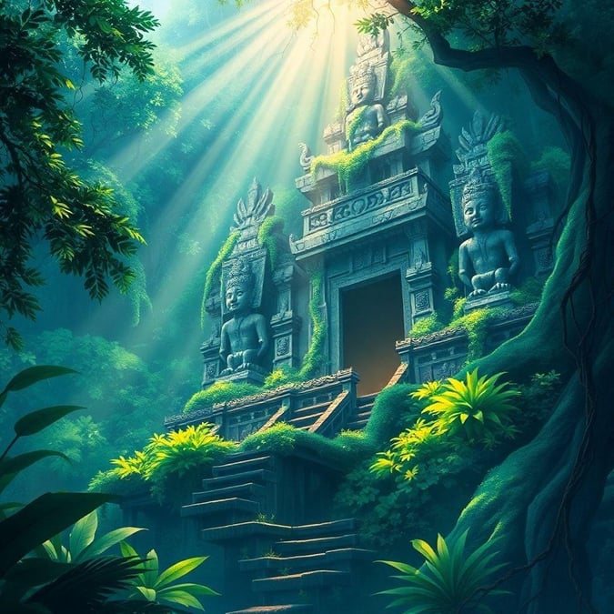 Immerse yourself in the mystical world of anime with this breathtaking wallpaper featuring an ancient temple nestled in the heart of a lush jungle. The detailed digital illustration showcases the temple's towering stone statues and intricate architecture, surrounded by vibrant green hues that contrast with the dark, mysterious background. This enchanting scene is a testament to the artist's skill and creativity, making it a perfect addition to any anime fan's collection.