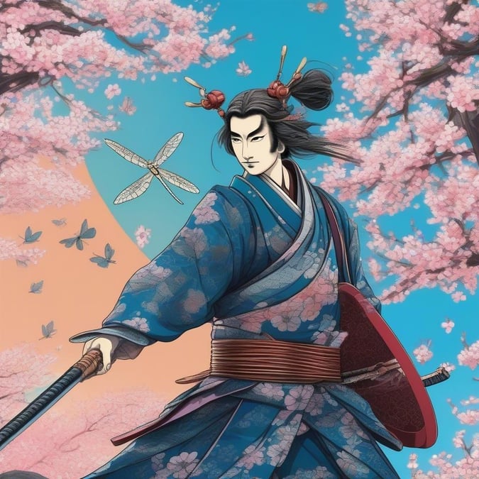 In this anime-inspired illustration, a samurai warrior is seen riding a majestic dragonfly through a vibrant cherry blossom grove. The dragonfly's wings are fully spread, as if caught mid-flight, and its tail gracefully curves to the right. The surrounding trees are blooming with pink blossoms, adding a touch of springtime freshness to the scene. Above all this, the sky is painted in hues of blue, completing the picturesque setting. This image is a dynamic representation of motion and energy, where every element contributes to a sense of adventure.