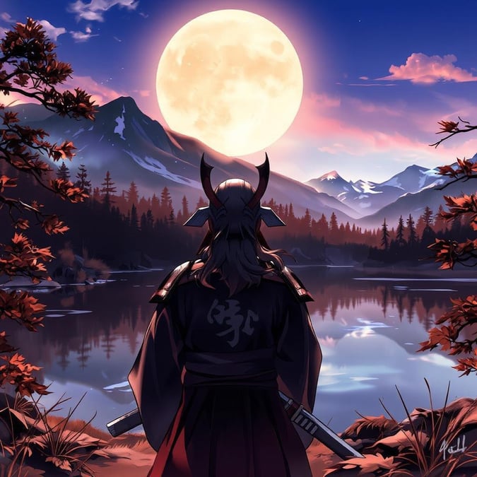 A gentle samurai stands by a beautiful mountain lake under a deep blue sky as the sun sets. The tranquil scene contrasts with the lively forest and the serene mountain in the background.