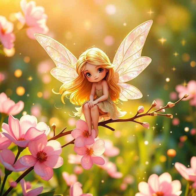 Get lost in the whimsical beauty of this charming fairy sitting on a branch amidst a field of cherry blossoms. Perfect for a desktop or mobile background to brighten up your day with a touch of enchantment.