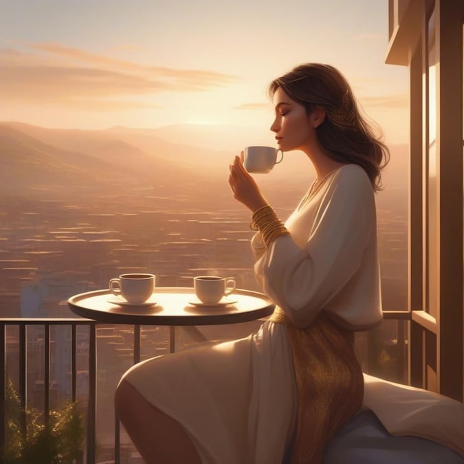 A woman enjoys the last light of day, sipping tea on a scenic balcony overlooking a city.