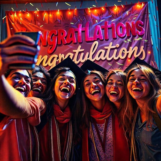 A joyous moment captured at a graduation ceremony, with happy graduates posing and taking selfies.