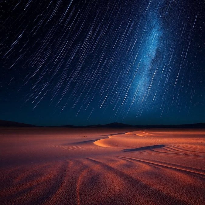 A serene night in the desert with star trails streaking across the sky, casting an otherworldly glow on the sandy dunes.