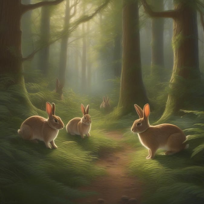 A tranquil scene in the heart of a forest where three bunnies are exploring, with one looking back at its companions.