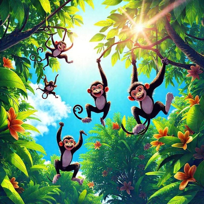 This wallpaper features a vibrant and playful scene of monkeys swinging through the trees, surrounded by lush greenery and colorful flowers. The image is perfect for anyone who loves animals and wants to add a touch of whimsy to their desktop or mobile device.