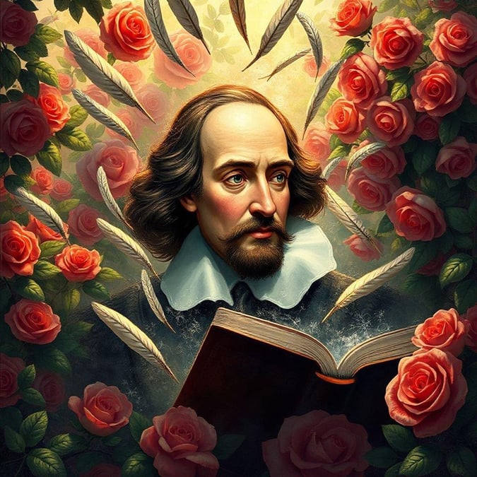 A beautiful wallpaper featuring the iconic William Shakespeare, surrounded by roses and feathers, perfect for desktop and mobile use.