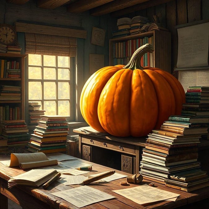 A cozy scene with a pumpkin and books, perfect for the fall season.