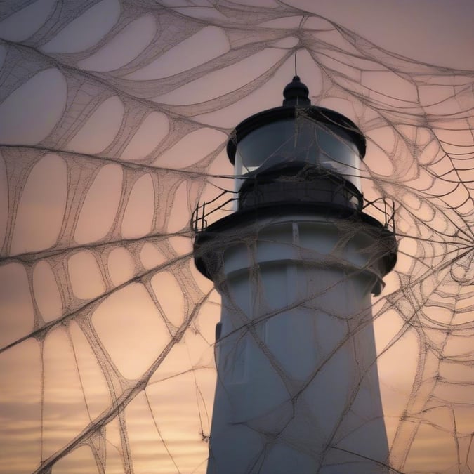 A hauntingly beautiful lighthouse shrouded in spider webs, perfect for a Halloween-themed wallpaper.