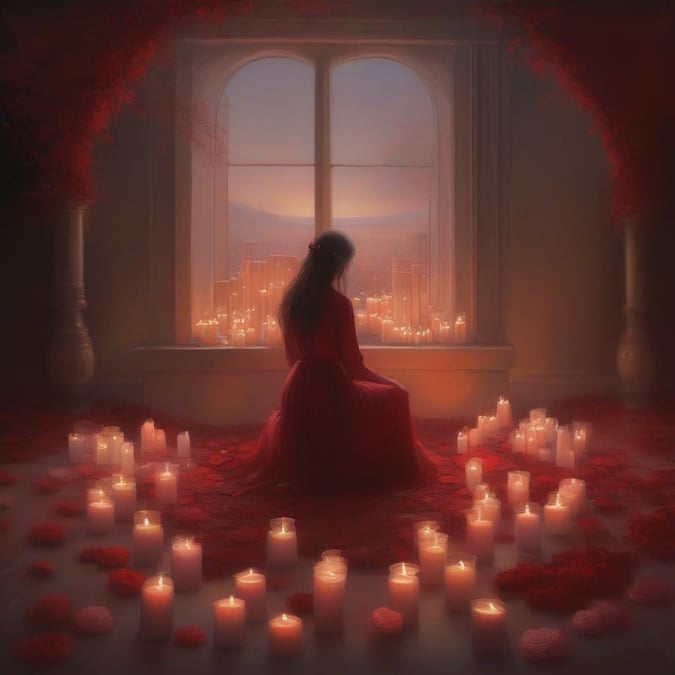 A peaceful and intimate scene, ideal for a Valentine's Day wallpaper, featuring a woman in a red dress surrounded by candles and rose petals, gazing out the window at a stunning sunset.