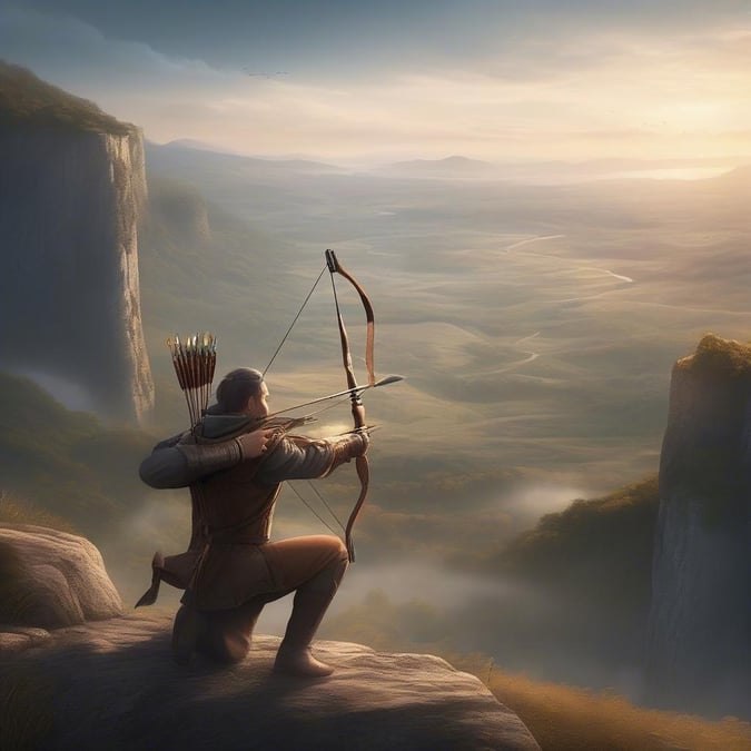 A heroic archer gazes over the edge of a cliff, contemplating the challenge ahead as he draws back his bow.