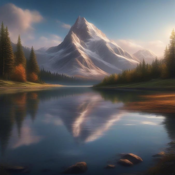 A tranquil scene with majestic mountains and a serene lakeshore, ideal for desktop or mobile wallpapers.