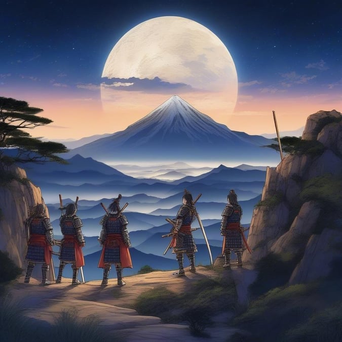 In the tranquil twilight, a quartet of samurai warriors stand poised on a cliff, their eyes trained upon the distant mountain peak. A crescent moon hangs low in the sky, casting long shadows and painting an atmosphere of serene anticipation.