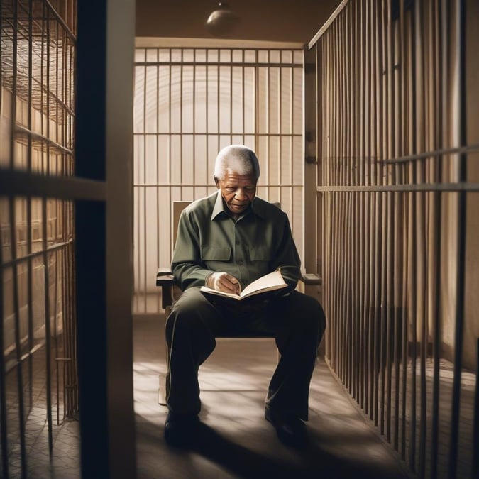 Nelson Mandela, the iconic South African anti-apartheid revolutionary and politician, is captured in a moment of quiet solitude while serving his prison sentence. The image beautifully encapsulates the resilience and strength of character that Mandela was known for throughout his life.