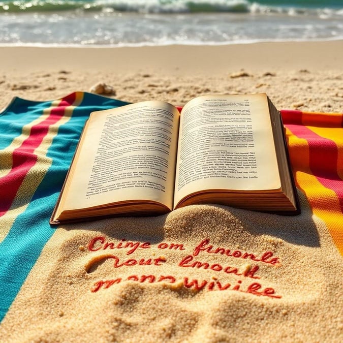 This beautiful beach scene features a quote that reads 'Chime om finonlo Nout lmoak mannvivike' in the sand, adding a touch of inspiration to the serene atmosphere.