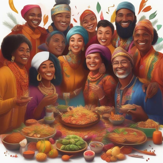 This vibrant wallpaper captures the joy and excitement of the New Year's celebration. The image features a group of diverse individuals gathered around a table, surrounded by an array of delicious food and drinks. The atmosphere is lively and festive, with everyone smiling and laughing together. The wallpaper is perfect for those who want to add a touch of celebration and joy to their digital devices.