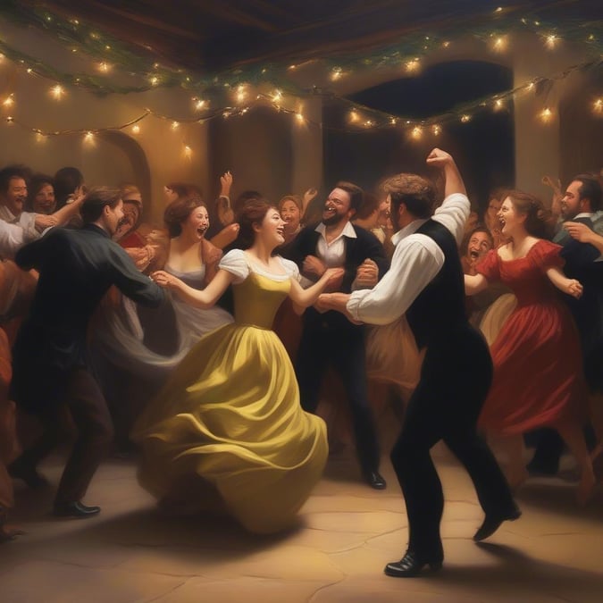 A jubilant celebration fills the room with laughter and music, the heart of winter festivities. Couples twirl on a wooden floor, warmed by the glow of fairy lights that cast a soft light over the revelers.