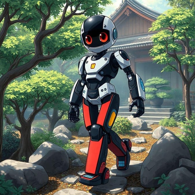 Step into the world of anime with this stunning illustration of a robot walking through a serene Japanese garden. The robot's sleek black and silver armor is a perfect contrast to the intricate mechanical design, while its long red-tinted legs and large eyes add a touch of personality to the scene. The background is a beautiful mix of green and brown hues, creating an anime-like atmosphere that will transport you to a world of fantasy and adventure.