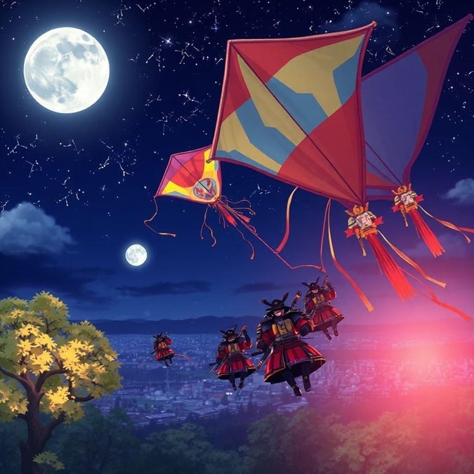 This captivating anime illustration showcases a group of samurai warriors soaring through the night sky on giant kites, their vibrant colors standing out against the dark backdrop.