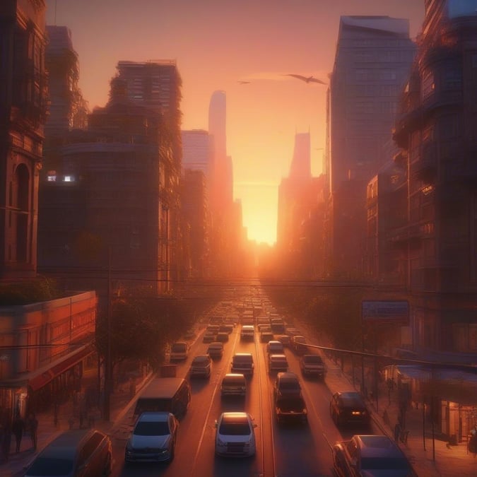 A vibrant city street comes alive as the sun sets, casting a warm glow over the towering buildings and busy streets.