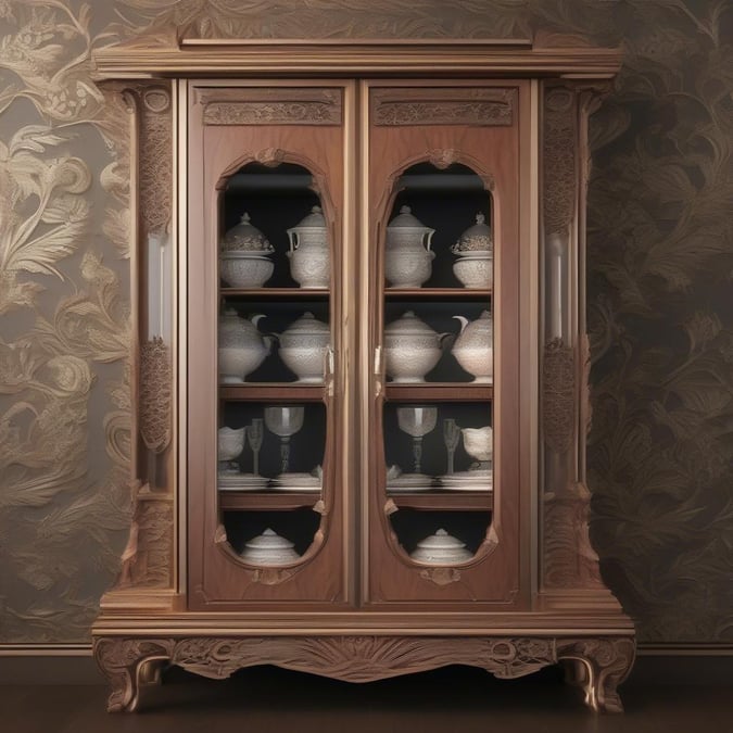 Elevate your home decor with this luxurious china cabinet, boasting a grand display of vintage dishes in its curved glass doors. The elegant cabinet is crafted from wood and stands as a testament to antique elegance.