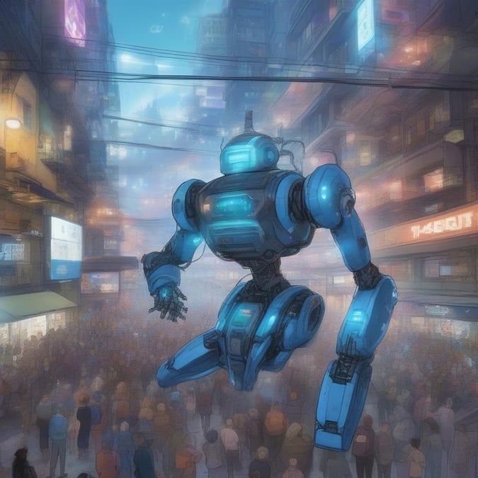 A lively city scene illuminated by neon lights, bustling with people and activity. At the center of it all is a blue robotic character, navigating the crowd as easily as any human.