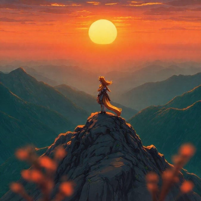 This anime wallpaper features a young samurai standing on a mountain peak, surrounded by a serene and dreamy atmosphere.