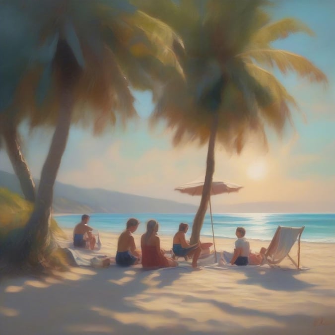 A tranquil beach scene at sunset, with a group of people enjoying the peaceful atmosphere.