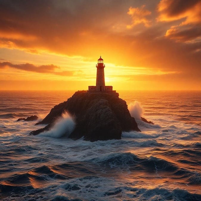 Uma cena de pôr do sol pitoresca com um farol situado em uma costa rochosa, com as cores do céu variando do laranja quente aos azuis mais frios.