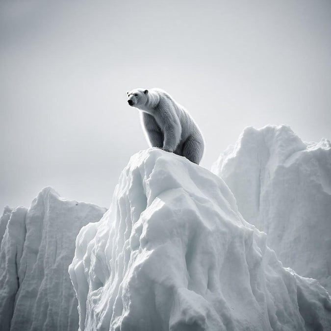 A stunning black and white wallpaper featuring a polar bear atop an iceberg, capturing the majesty of nature's beauty.