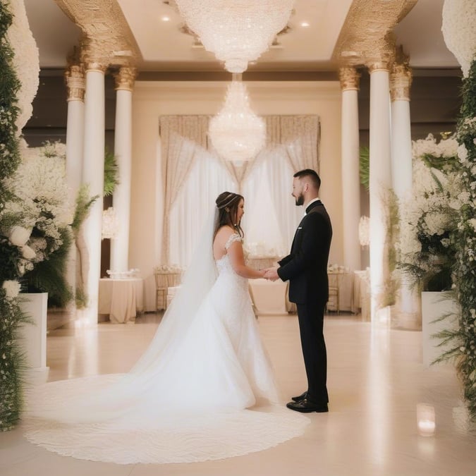 A bride and groom share a tender moment on their wedding day, celebrating their love and commitment in an opulent setting.