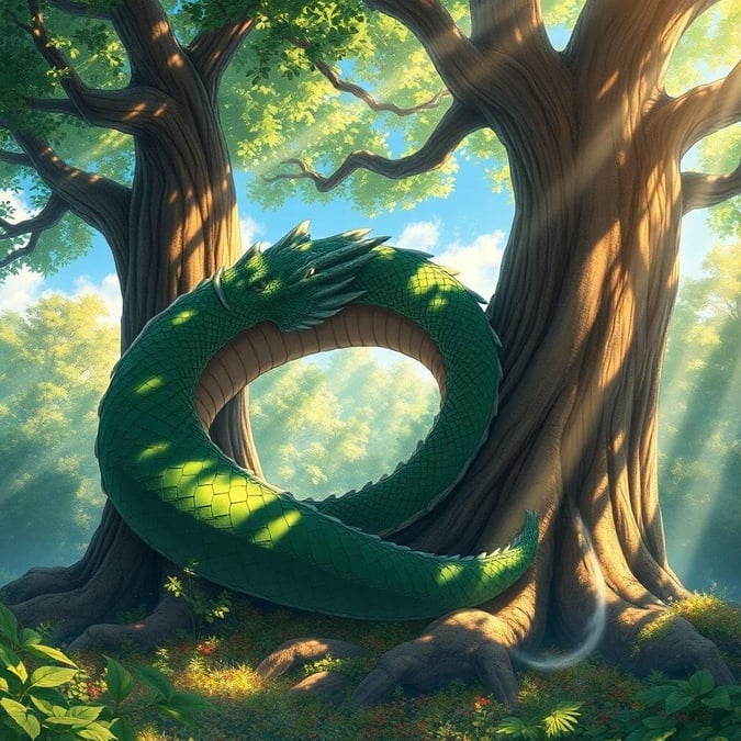 A serene anime-style illustration of a dragon coiled around a giant tree, creating a tranquil and captivating atmosphere.