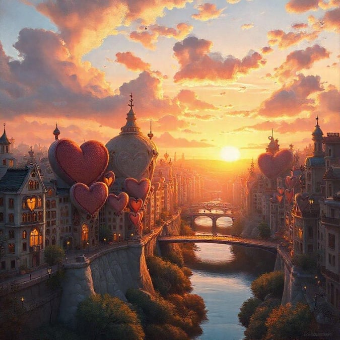 A picturesque village by the water, illuminated by the soft glow of the sunset. The town is adorned with romantic symbols like balloons and hearts, creating a dreamy atmosphere perfect for a Valentine's celebration.