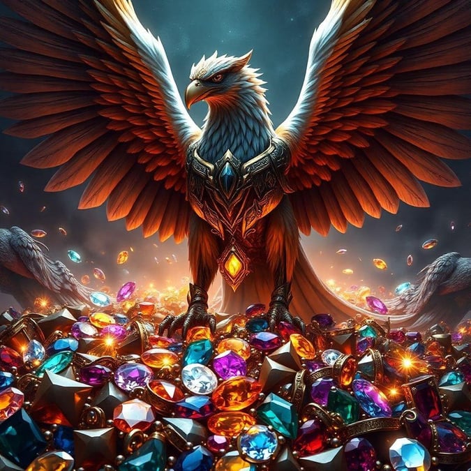 An eagle, dressed in armor and adorned with gold jewels, stands majestically amidst a scattering of gemstones. This wallpaper is perfect for desktop and mobile, capturing the essence of fantasy creatures.