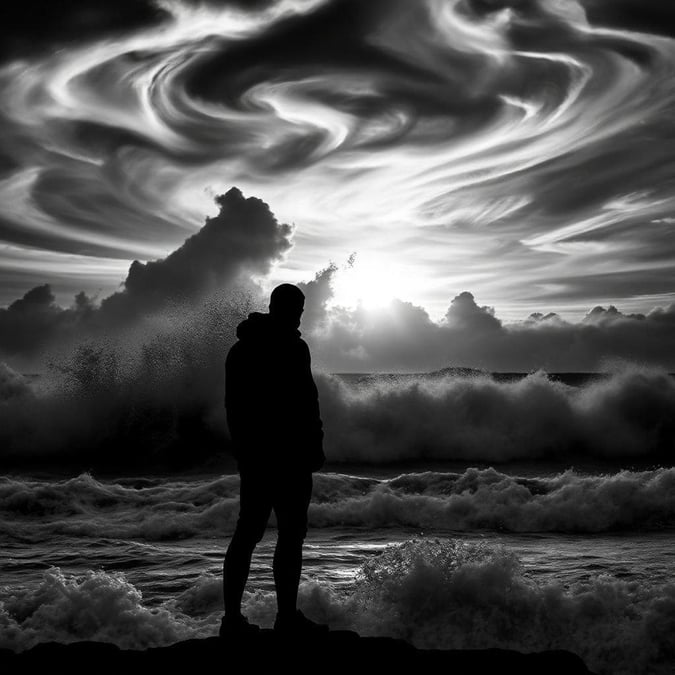 An evocative black &#38; white image capturing the raw power of the ocean's waves during a dramatic sunset. A solitary figure stands on the shore, lost in contemplation of nature's might and beauty.