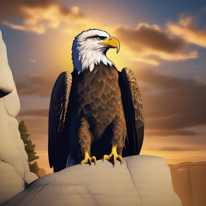 Majestic eagle stands as a symbol of freedom on the cliff, silhouetted against the sunset. Embrace the spirit of Independence Day.