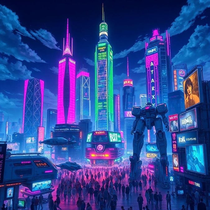 A bustling metropolis under the glow of neon lights. The city is alive with activity and the air buzzes with anticipation for the night ahead.