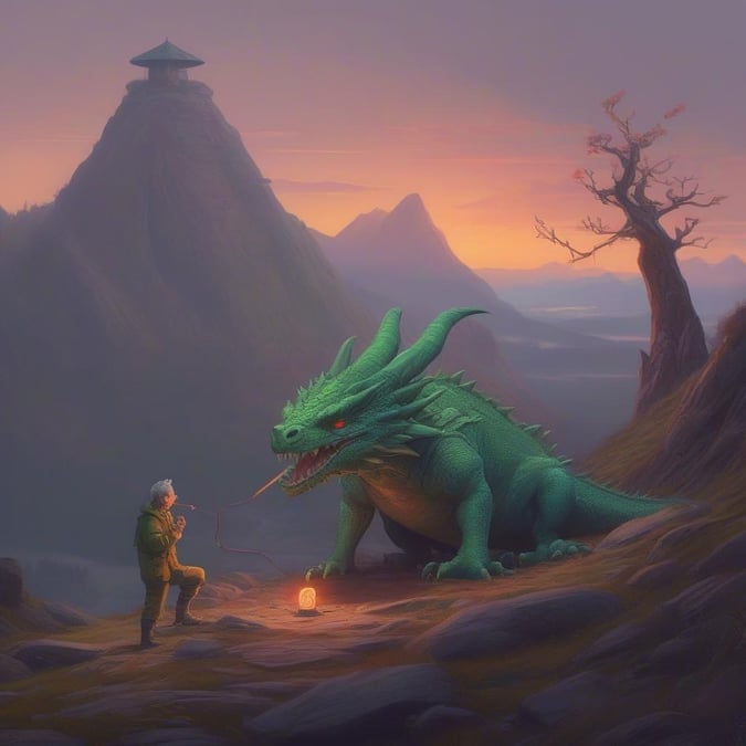 A fantastical scene of a man and a dragon in a mountainous landscape.