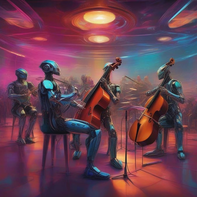 This image is a stunning wallpaper featuring a group of robots playing musical instruments in a futuristic space setting. The robots are depicted in various poses, some playing violins, cellos, and drums, while others are conducting or simply enjoying the music. The background of the image is a vibrant, swirling mix of colors, with stars, planets, and galaxies visible in the distance. The overall effect is one of wonder and enchantment, as if the robots are performing a magical concert in the vast expanse of space.