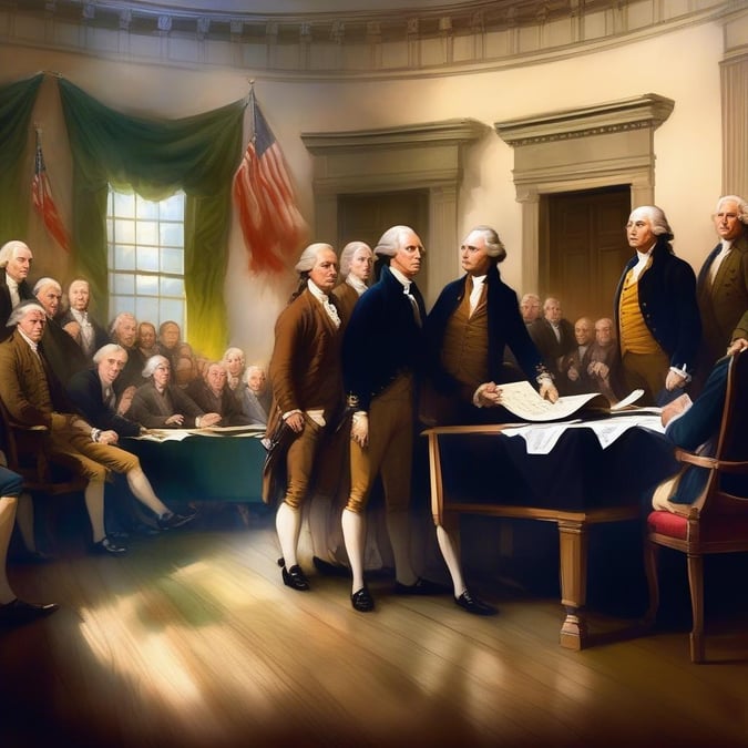 A gathering of the Founding Fathers in debate, representing a significant moment in American history on Independence Day.