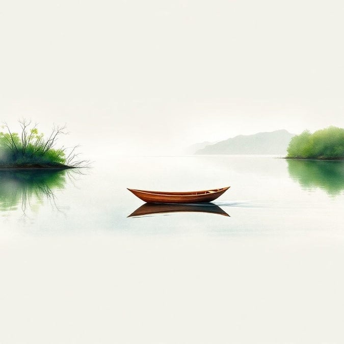 A small wooden boat glides effortlessly across the calm waters of a picturesque lake, surrounded by majestic mountains and lush greenery.