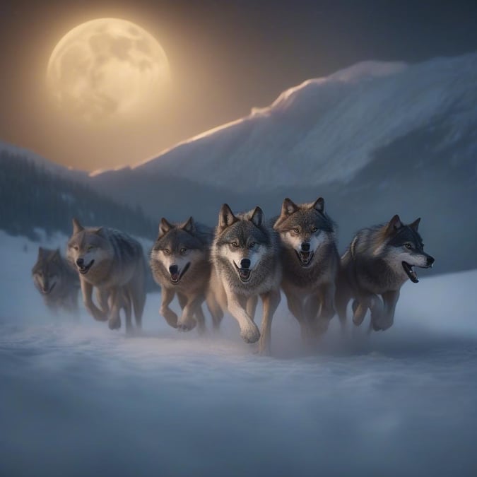 This stunning wallpaper features a pack of wolves running through the snow under the light of the full moon. The image captures the beauty and power of these majestic creatures in their natural habitat.