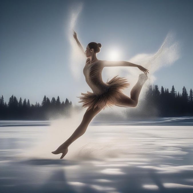 A skilled figure skater in motion, performing an elegant jump on a frozen lake.