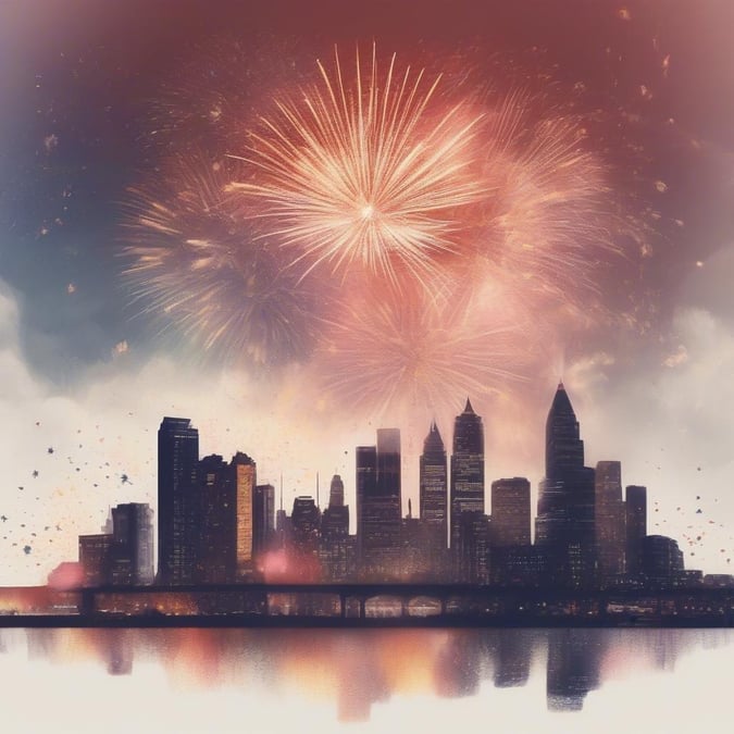 An enchanting city skyline basked in the warm glow of a New Year celebration. A spectacular fireworks display illuminates the night, casting a magical reflection on the river below.