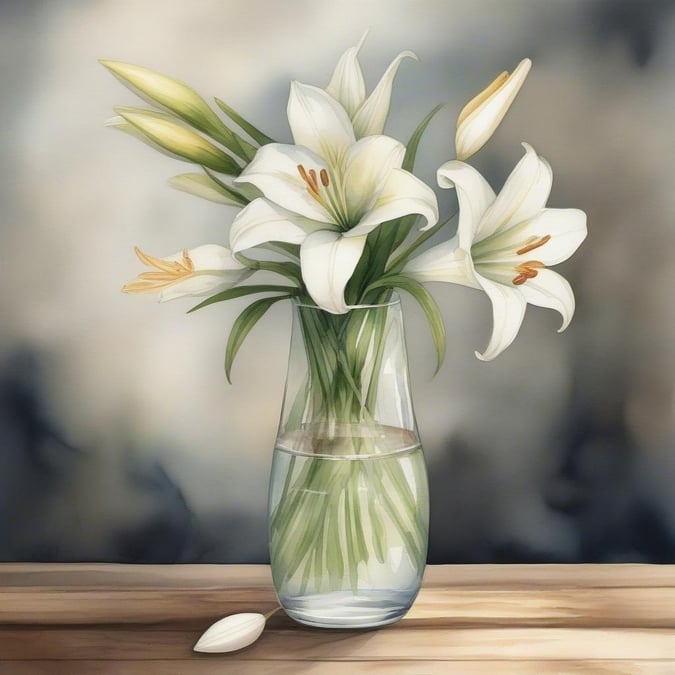 This Easter, add a touch of elegance to your home with a beautiful arrangement of white lilies. Each bloom is crisp and pure, embodying the freshness of spring. The clear glass vase allows you to appreciate not just the flowers but also the water inside, creating a serene setting that's perfect for any room.