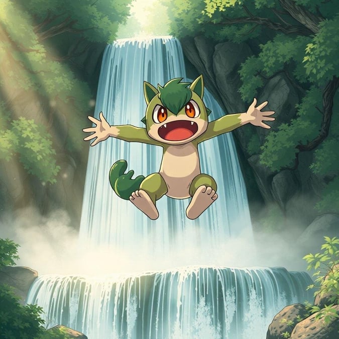 This stunning anime wallpaper features a kunoichi leaping from a waterfall in the morning, surrounded by misty trees and bushes. The kunoichi is a kaleidoscope of green and brown, with a large head and a small body, its eyes are wide and wide, while its arms are spread out to the sides. The scene is set at dawn, with soft light filtering through the trees, creating a serene atmosphere.