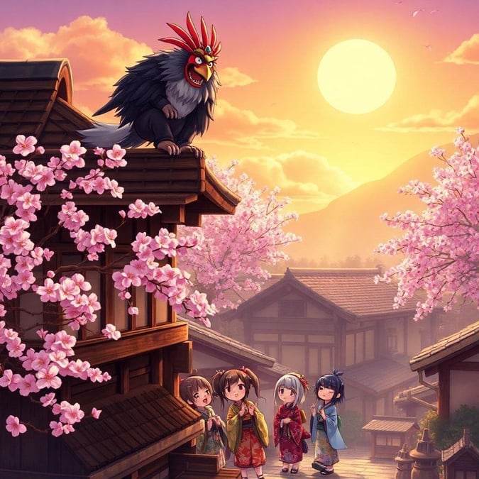 A whimsical anime illustration of a Tengu interacting with villagers in a quaint Japanese town, filled with mystery and wonder.