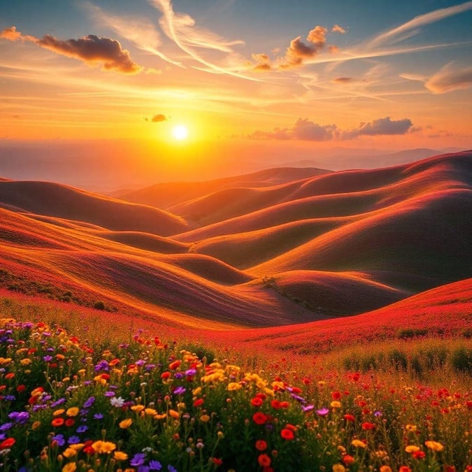 This breathtaking scene captures a vibrant sunset stretching across the sky, with warm hues of orange and yellow blending into the distance. Below it, a carpet of colorful flowers adds a touch of nature's beauty to the landscape. The gentle undulation of the hills adds depth to this serene view, making it an ideal wallpaper for those who appreciate tranquil moments.