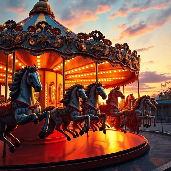 An enchanting carousel at sunset, whimsically encased in a charming ferris wheel. The perfect centerpiece for any desktop or mobile device.